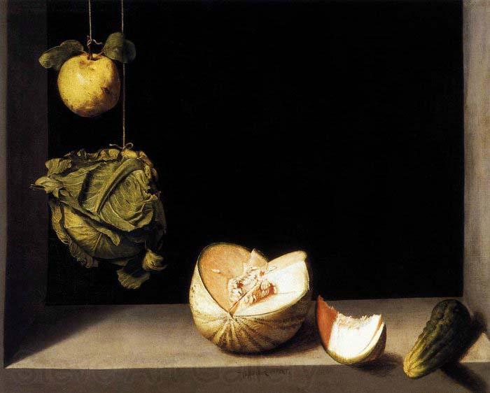 SANCHEZ COELLO, Alonso Still-life with Quince, Cabbage, Melon and Cucumber